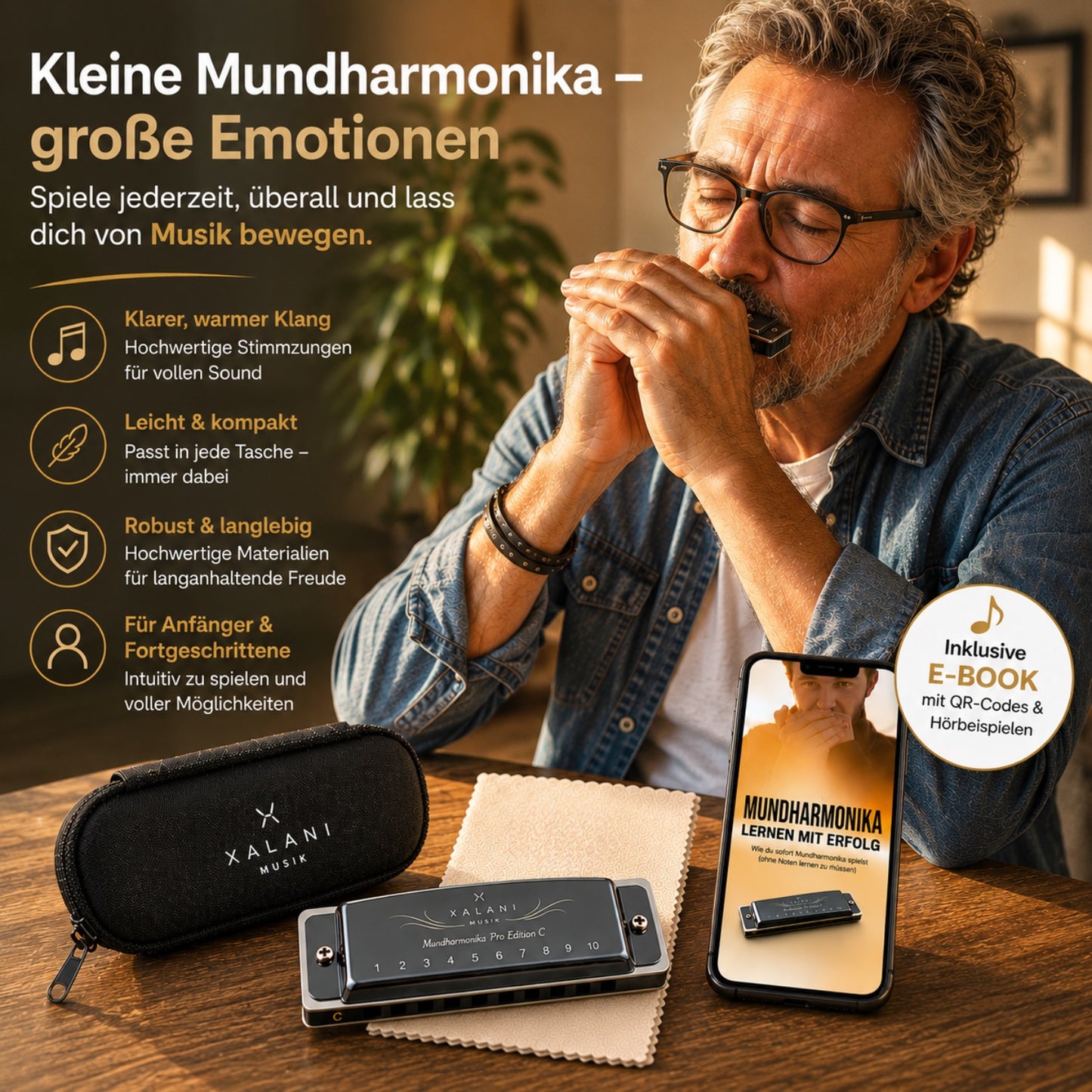 XALANI Mundharmonika inkl. Soft Case und Pflegetuch I E-Book Gratis
