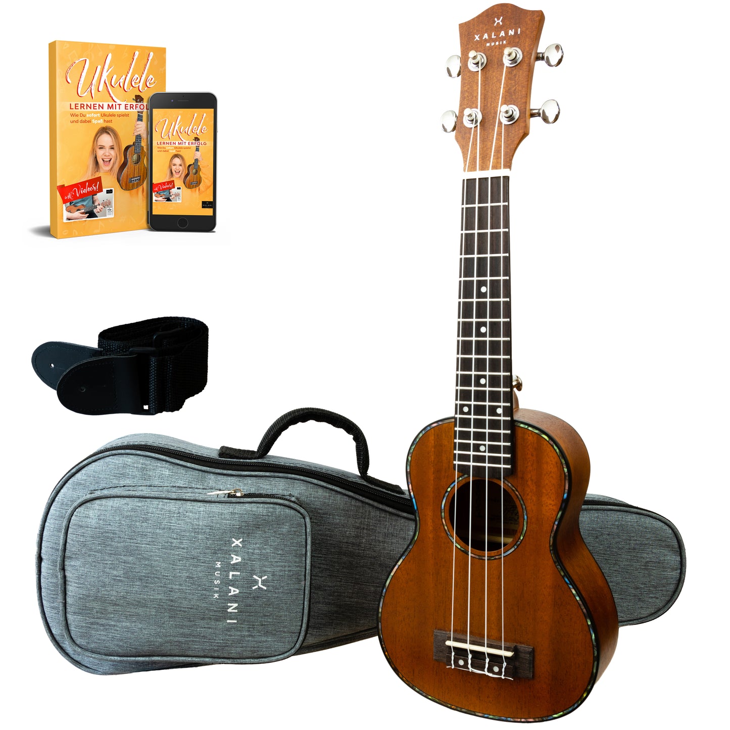 XALANI Ukulele Sopran Set Mahagoni inkl. E-Lehrbuch