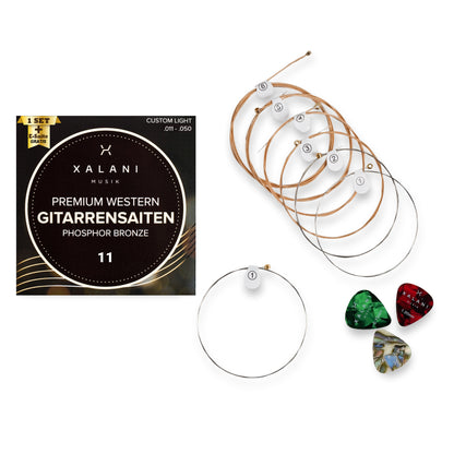 XALANI Gitarrensaiten Westerngitarre 011 I Bonus: 1 hohe E-Saite und 3 Plektren