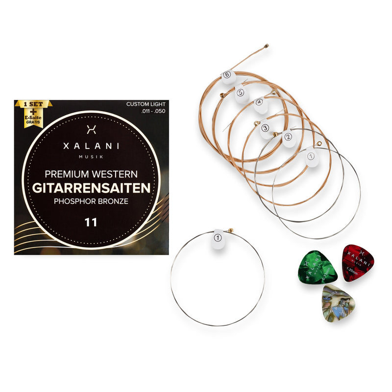 XALANI Gitarrensaiten Westerngitarre 011 I Bonus: 1 hohe E-Saite und 3 Plektren