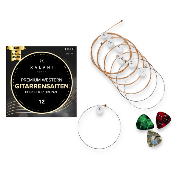 XALANI Gitarrensaiten Westerngitarre 012 I Bonus: 1 hohe E-Saite und 3 Plektren