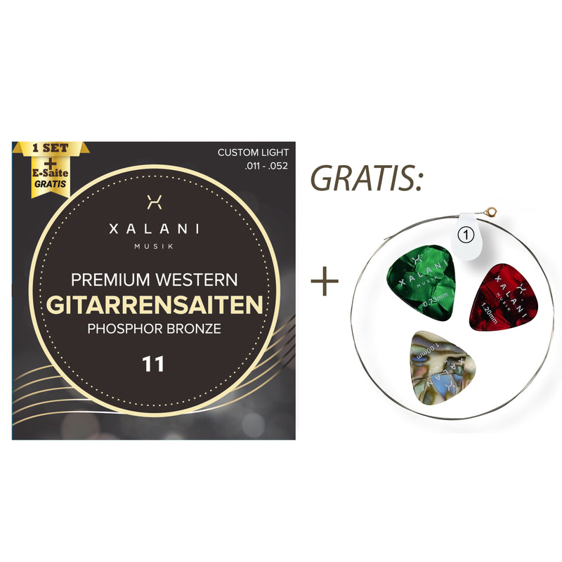 XALANI Gitarrensaiten Westerngitarre 011 I Bonus: 1 hohe E-Saite und 3 Plektren