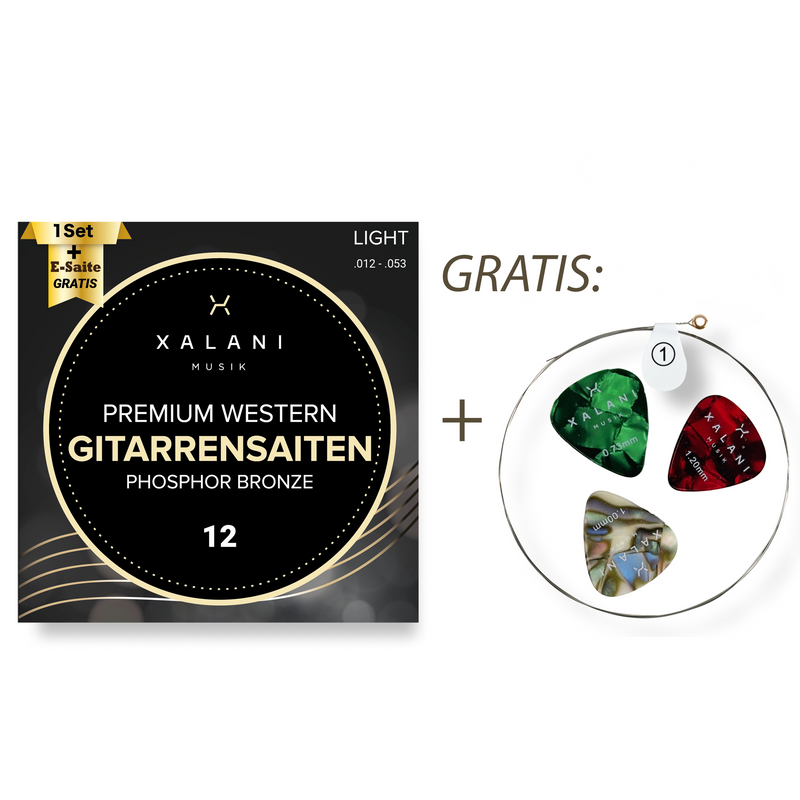 XALANI Gitarrensaiten Westerngitarre 012 I Bonus: 1 hohe E-Saite und 3 Plektren