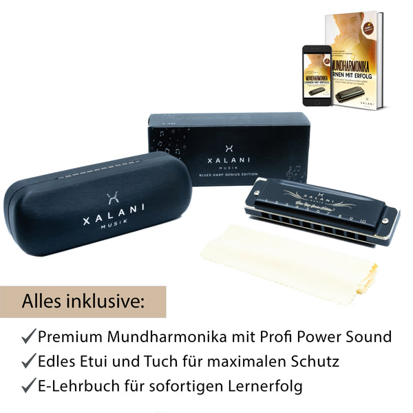 XALANI Mundharmonika Genius Edition inkl. Etui und Pflegetuch I Bonus: E-Book gratis I G-Dur Blues Harp mit Profi Power Klang