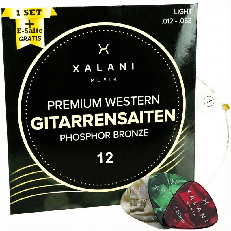 XALANI Gitarrensaiten Westerngitarre 012 I Bonus: 1 hohe E-Saite und 3 Plektren