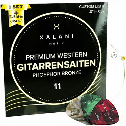 XALANI Gitarrensaiten Westerngitarre 011 I Bonus: 1 hohe E-Saite und 3 Plektren