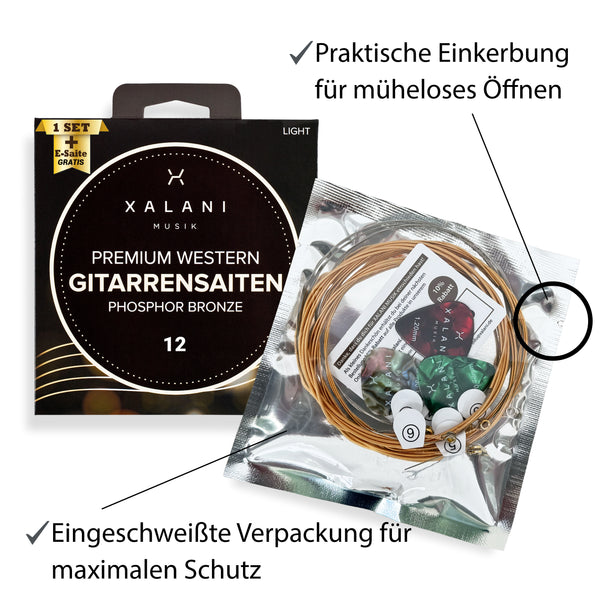 XALANI Gitarrensaiten Westerngitarre 012 I Bonus: 1 hohe E-Saite und 3 Plektren
