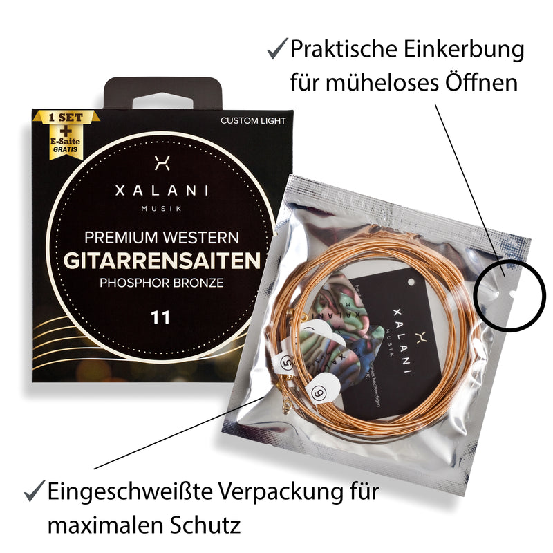 XALANI Gitarrensaiten Westerngitarre 011 I Bonus: 1 hohe E-Saite und 3 Plektren